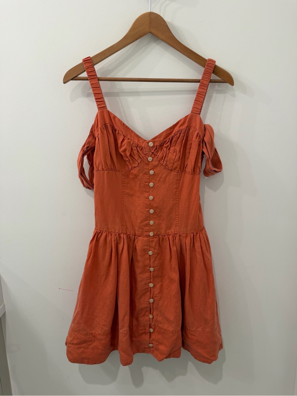Anthropologie Off The Shoulder Linen Mini Dress in Canyon Pink/Orange - Picture 4 of 11